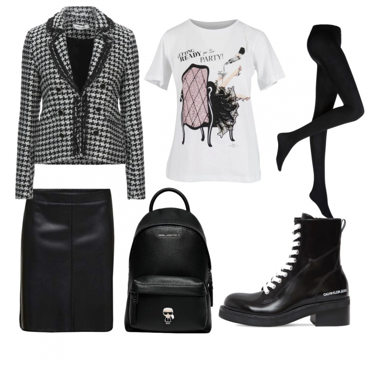 Outfit donna - Chanel meets Punk!. Stile Trendy per Tutti i giorni. Abbinamento con collant, zaini, blazer, gonne, stivali, t-shirt.