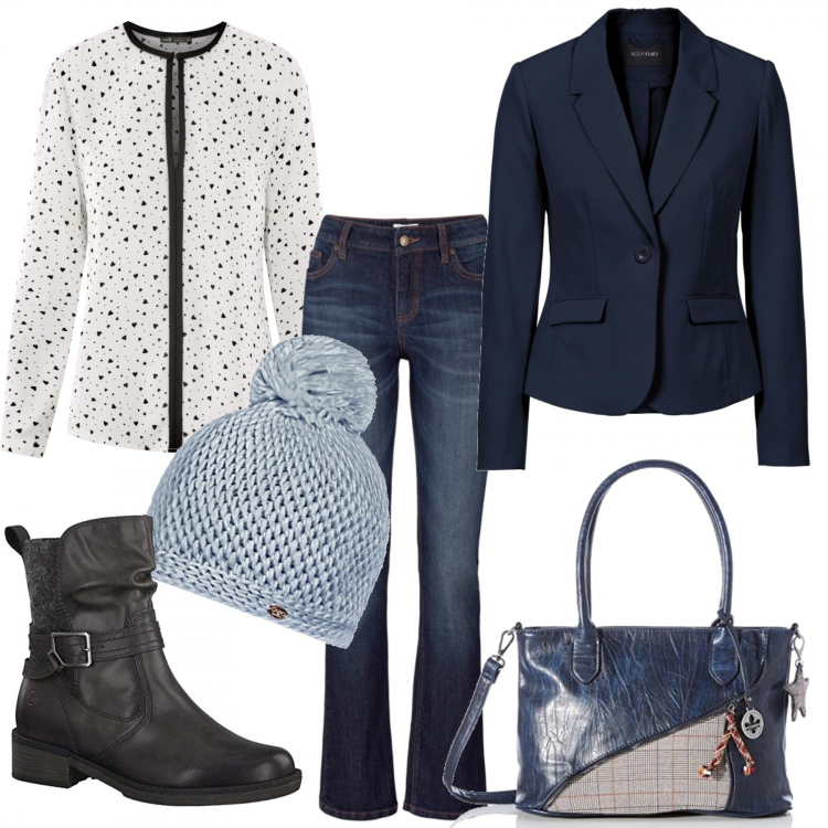 Outfit donna - Comoda in jeans. Stile Urban per Tutti i giorni. Abbinamento con jeans bootcut, blazer, camicie, borse a mano, stivaletti, berretti.
