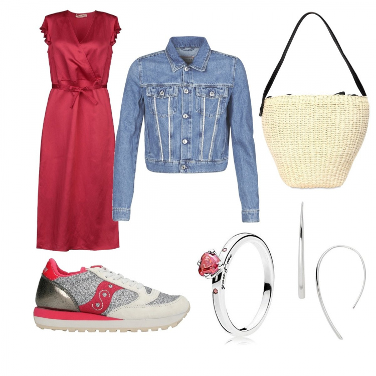 Outfit donna - My red dress️. Stile Trendy per Serata fuori. Abbinamento con blazer, sneakers, vestiti midi/longuette, orecchini, anelli, borse a spalla.