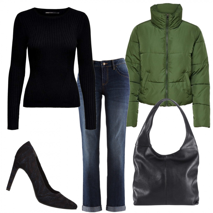 Outfit donna - Il piumino trendy. Stile Trendy per Tutti i giorni. Abbinamento con jeans dritti, borse a spalla, piumini, décolleté, maglioni.