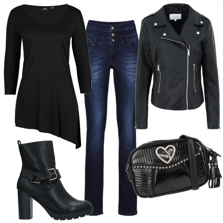 Outfit donna - Maglia asimmetrica+jeans a vita alta. Stile Rock per Tutti i giorni. Abbinamento con maglieria, jeans skinny, stivaletti, giacche, borse a tracolla.