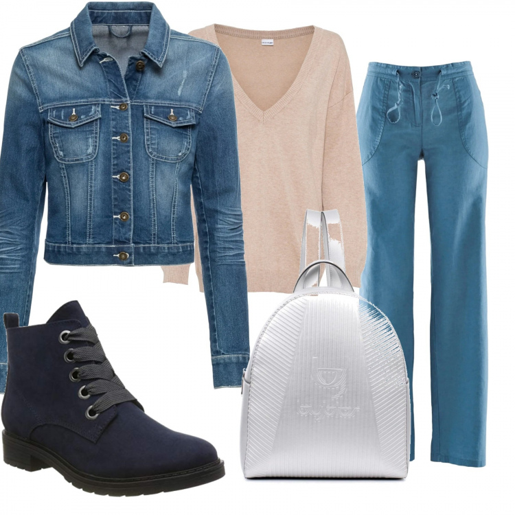 Outfit donna - Pantaloni comodi. Stile Basic per Tutti i giorni. Abbinamento con pantaloni a palazzo, maglieria, blazer, zaini, stivaletti.