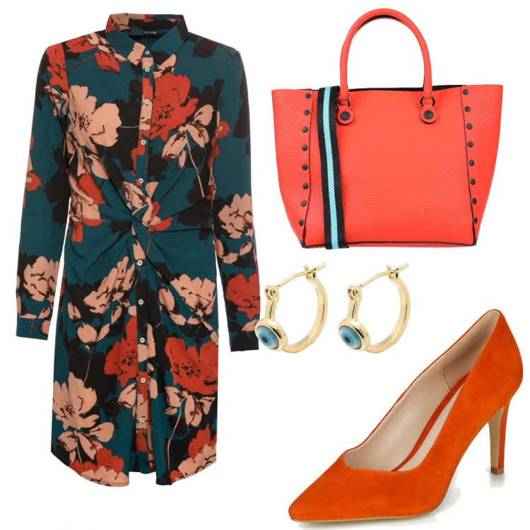 Outfit donna - Abito chemisier. Stile Trendy per Tutti i giorni. Abbinamento con orecchini, borse a mano, vestiti, décolleté.
