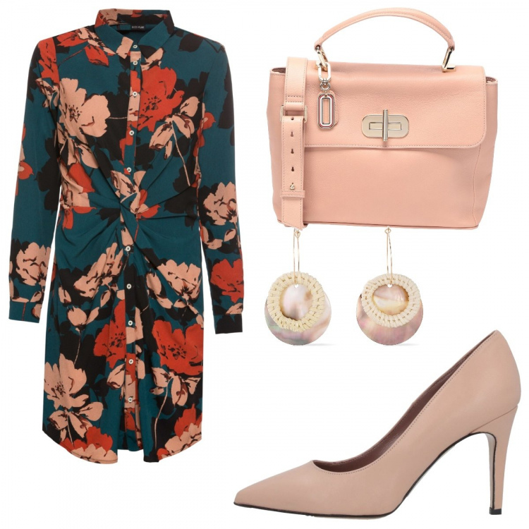 Outfit donna - Fiori stampati. Stile Basic per Tutti i giorni. Abbinamento con décolleté, orecchini, borse a mano, vestiti.