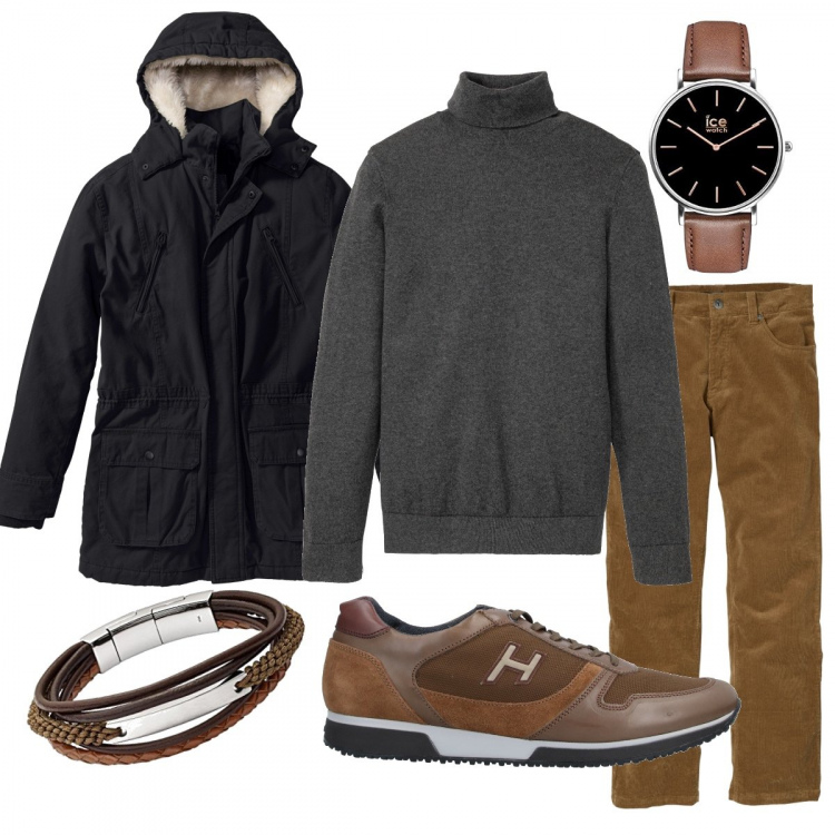 Outfit uomo - Al passo coi tempi. Stile Casual per Tutti i giorni. Abbinamento con parka, pantaloni, maglieria, sneakers, orologi, braccialetti.