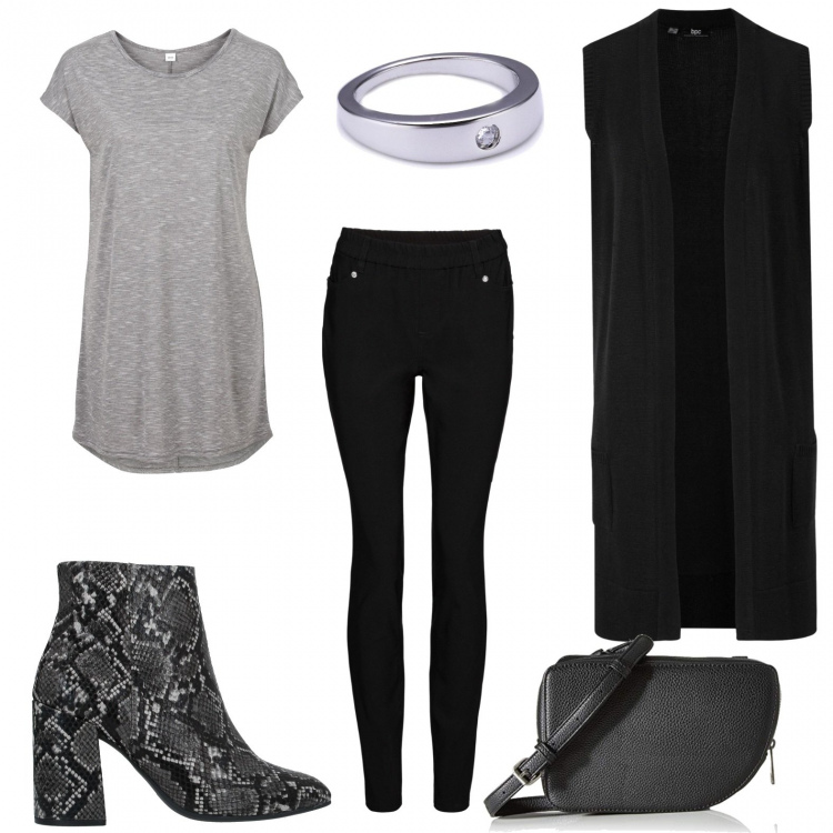 Outfit donna - Urban #709. Stile Urban per Ufficio. Abbinamento con stivaletti, maglieria, maglieria, pantaloni skinny, borse a tracolla, ciondoli.