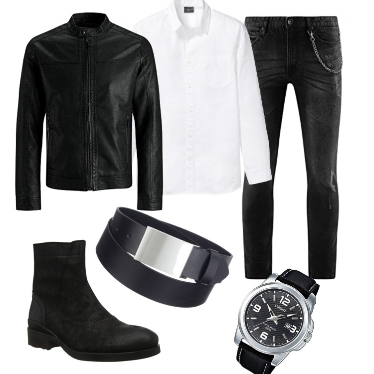 Outfit uomo - Biker style. Stile Urban per Tutti i giorni. Abbinamento con camicie, giacche, jeans strappati, orologi analogici, stivali, cinture.