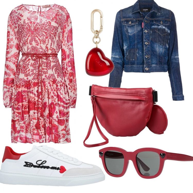 Outfit donna - First date️. Stile Trendy per Tutti i giorni. look ideale per Petite. Abbinamento con blazer, vestiti corti, sneakers, occhiali da sole, zaini, portachiavi.