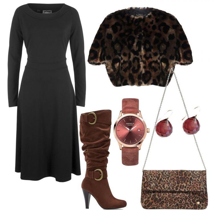 Outfit donna - Curvy: trendy con la pelliccia eco. Stile Trendy per Serata fuori. Abbinamento con stivaletti, stivali, orecchini, ecopellicce, borse a mano, orologi.