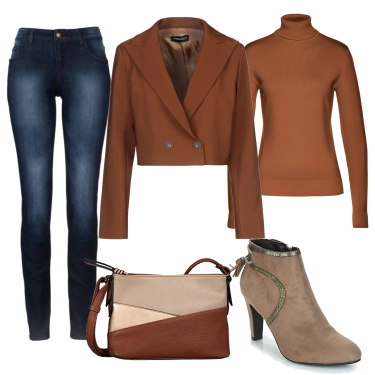 Outfit donna - Giacchino e dolcevita. Stile Trendy per Ufficio. Abbinamento con maglieria, jeans skinny, blazer, stivaletti, borse a spalla.