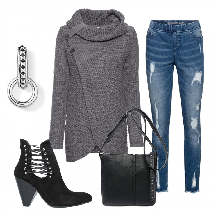 Outfit donna - La maglia grigia. Stile Trendy per Tutti i giorni. Abbinamento con maglieria, jeans strappati, stivaletti, borse a tracolla, ciondoli.