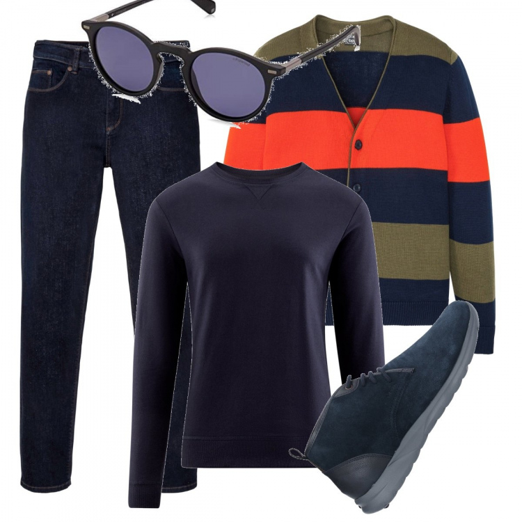 Outfit uomo - Total look #873784. Abbinamento con jeans dritti, maglieria, stivali e stivaletti, felpe, occhiali da sole.
