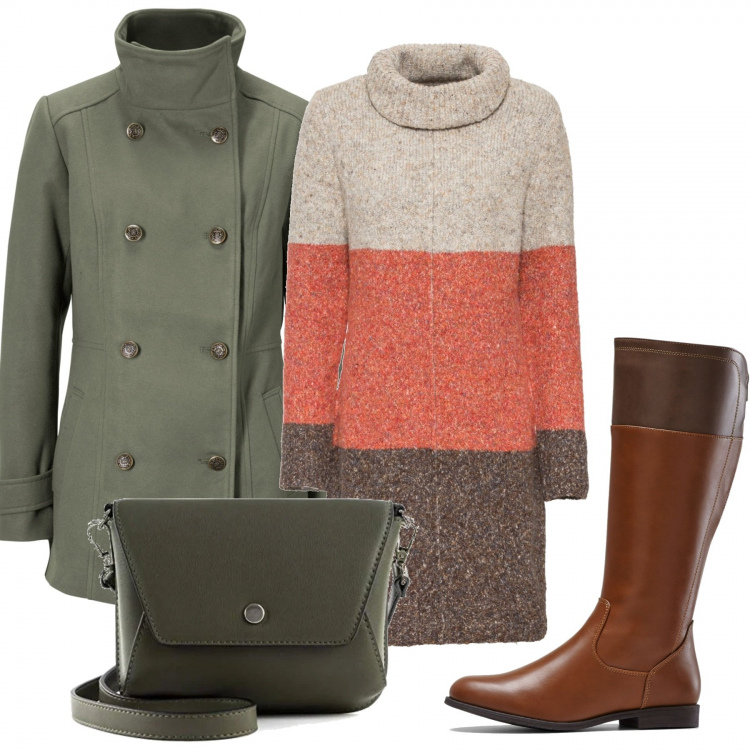 Outfit donna - Il vestito di lana. Stile Urban per Tutti i giorni. Abbinamento con vestiti, caban, stivali, borse a tracolla.