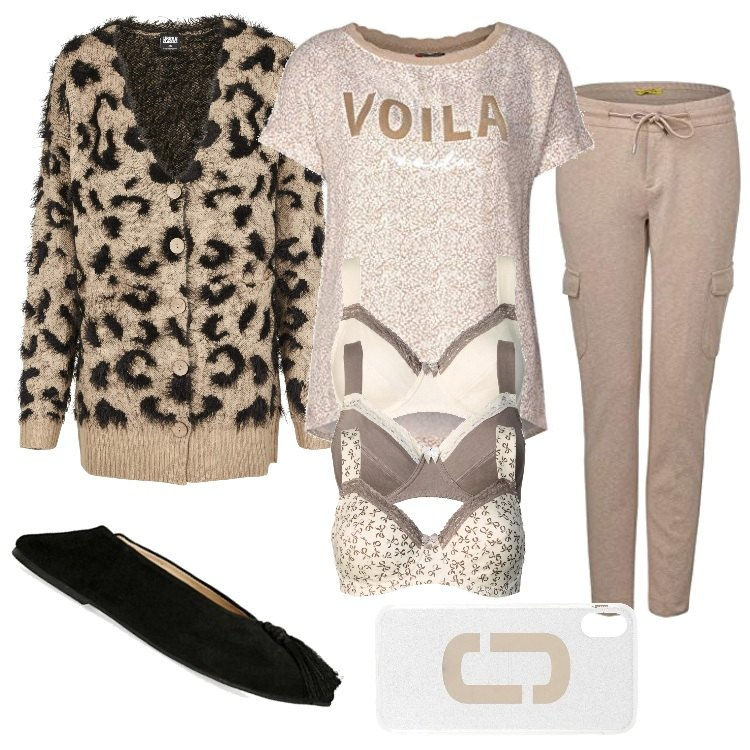 Outfit donna - In smartworking. Stile Trendy per Ufficio. Abbinamento con reggiseni, cover telefono, t-shirt, cardigans, pantaloni cargo, ballerine.