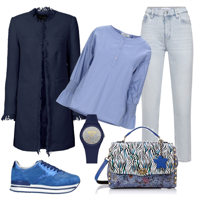 Outfit donna - Casual in blu. Stile Trendy per Tutti i giorni. Abbinamento con blazer, bluse, sneakers, borse a tracolla, jeans mom, orologi.