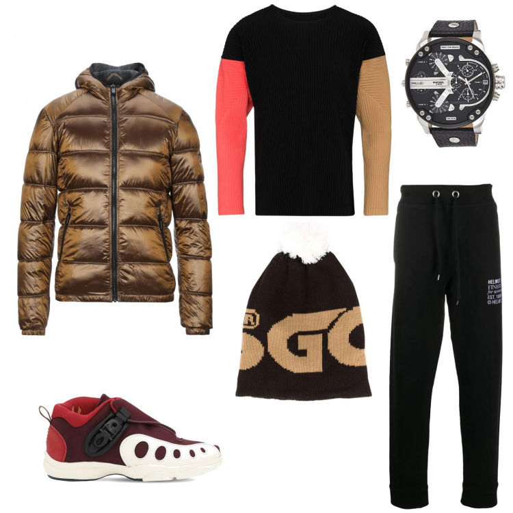 Outfit uomo - Urban #290. Stile Urban per Tutti i giorni. Abbinamento con pantaloni, berretti, felpe, piumini, sneakers, orologi analogici.