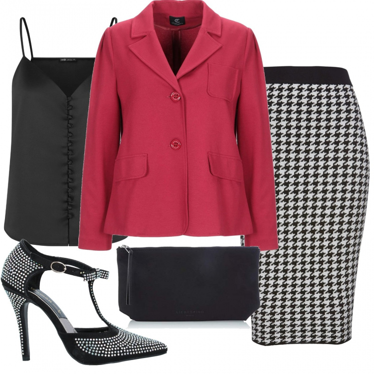 Outfit donna - Giochi visivi. Stile Bon Ton per Serata fuori. Abbinamento con gonne, blazer, décolleté, top, clutch.