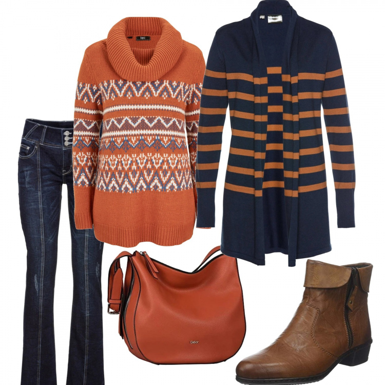 Outfit donna - Ancora colori. Stile Basic per Tutti i giorni. Abbinamento con jeans bootcut, maglieria, cardigans, stivaletti, borse a spalla.
