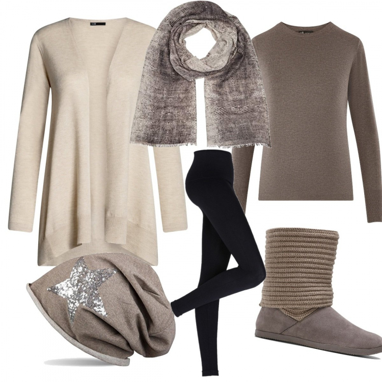 Outfit donna - Proteggersi dal freddo con stile!. Stile Basic per Tutti i giorni. Abbinamento con leggings, stivali, cardigans, berretti, maglieria, sciarpe.