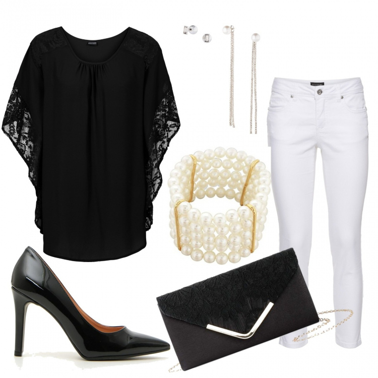 Outfit donna - Pizzo e perline. Stile Sexy per Serata fuori. Abbinamento con bluse, pantaloni, jeans, orecchini, braccialetti, décolleté.