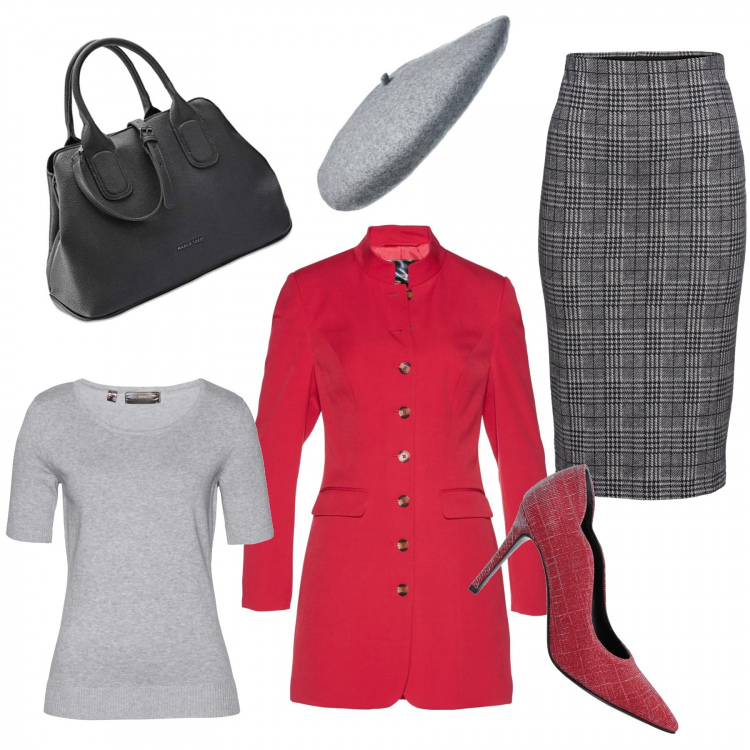 Outfit donna - Grigio con furore. Stile Basic per Ufficio. Abbinamento con décolleté, cardigans, bluse, blazer, borse a mano, berretti.