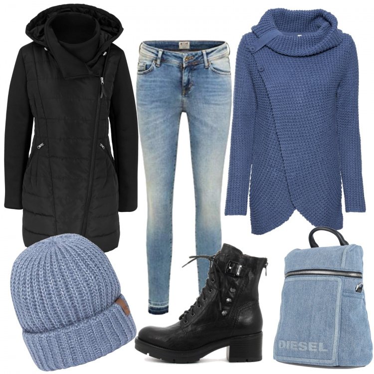 Outfit donna - Color jeans. Stile Urban per Tutti i giorni. Abbinamento con blazer, maglieria, zaini, stivaletti, jeggings, cappelli.