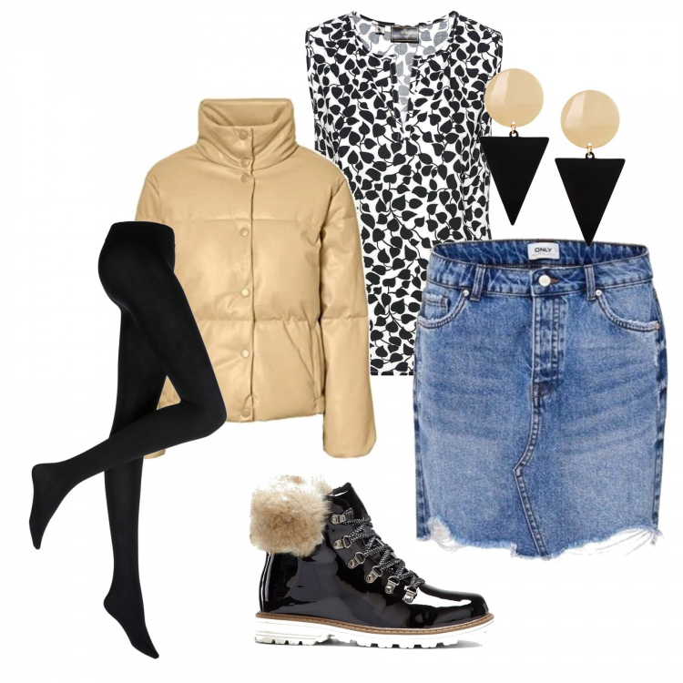 Outfit donna - Gonna jeans. Stile Urban per Tutti i giorni. look ideale per Petite. Abbinamento con collant, stivaletti, top, orecchini, minigonne, blazer.