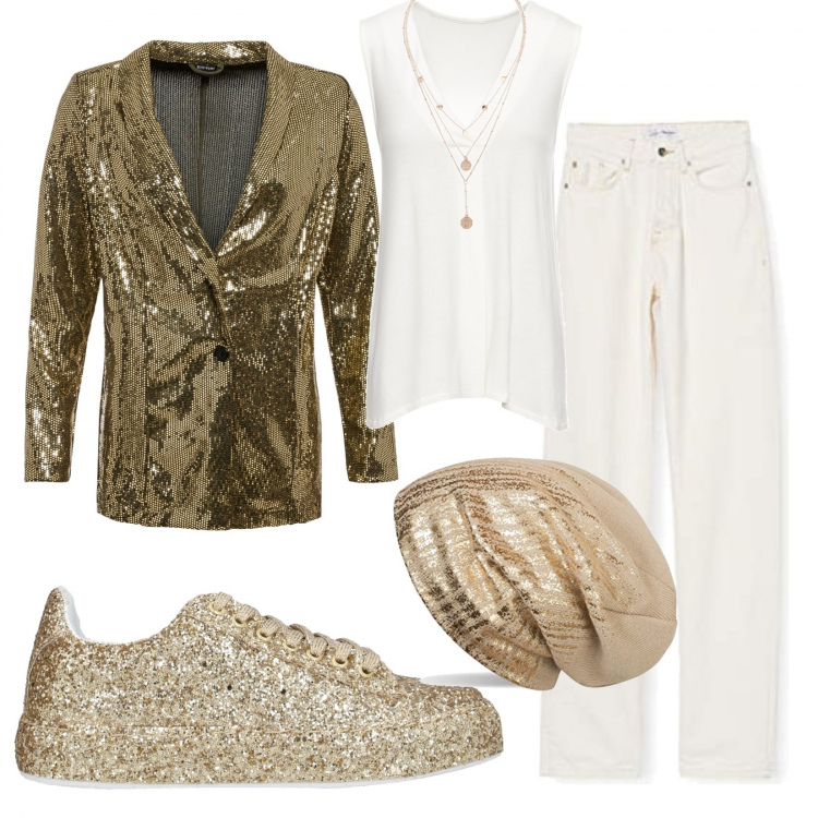 Outfit donna - Shining like a Star. Stile Urban per Serata fuori. Abbinamento con top, blazer, ciondoli, sneakers, pantaloni, berretti.