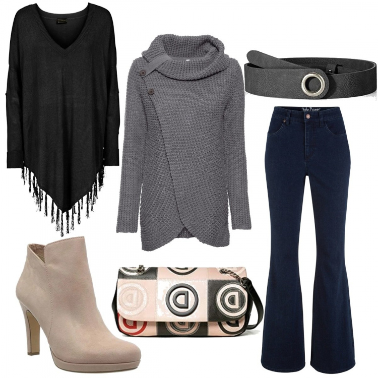 Outfit donna - Maglia grigia secondo me. Stile Basic per Tutti i giorni. Abbinamento con maglieria, jeans a zampa, cappotti, stivaletti, borse a tracolla, cinture.