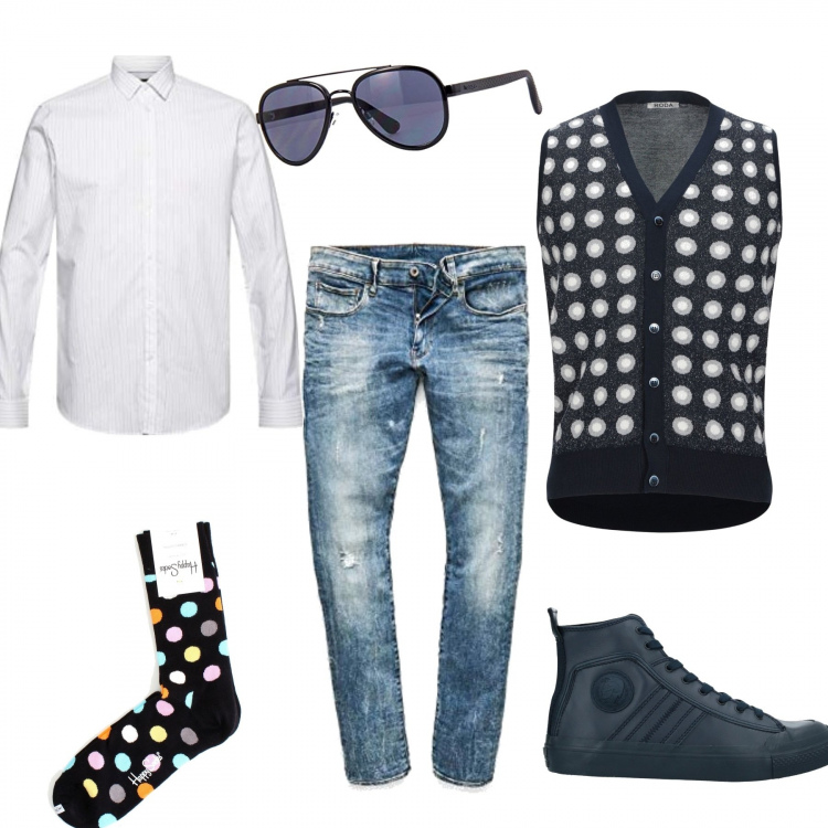 Outfit uomo - Evviva i jeans. Stile Trendy per Tutti i giorni. Abbinamento con calzini, cardigans, sneakers alte, jeans skinny, occhiali da sole, camicie.