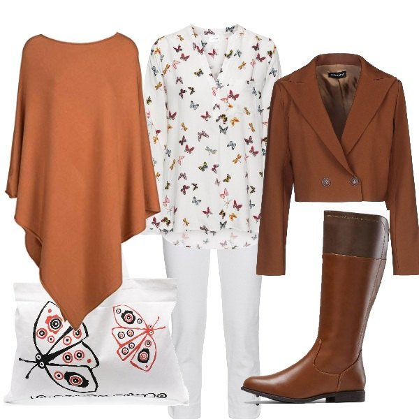 Outfit donna - Farfalle d\'Inverno. Stile Basic per Tutti i giorni. Abbinamento con bluse, stivali, jeans slim fit, blazer, borse tote, cappotti.