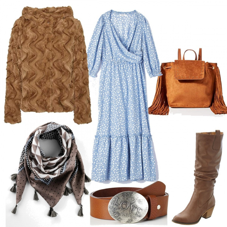 Outfit donna - Hippy style. Stile Etnico per Tutti i giorni. Abbinamento con stivali, foulard, vestiti lunghi, blazer, zaini, cinture.