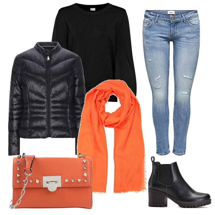Outfit donna - Orange passion. Stile Basic per Tutti i giorni. look ideale per Petite. Abbinamento con stivaletti chelsea, maglieria, piumini, borse a tracolla, jeans skinny, cappelli.
