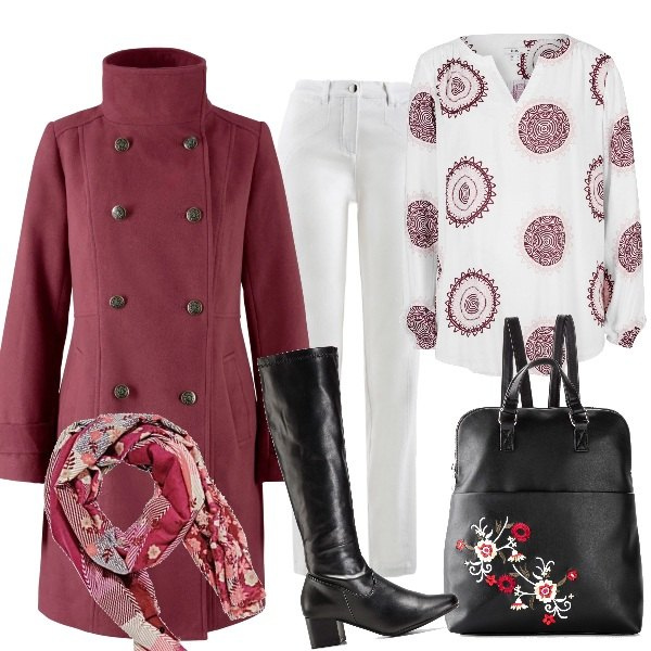Outfit donna - Gironzolando per negozi. Stile Basic per Ufficio. Abbinamento con tuniche, stivali, cappotti, zaini, pantaloni sportivi, sciarpe.