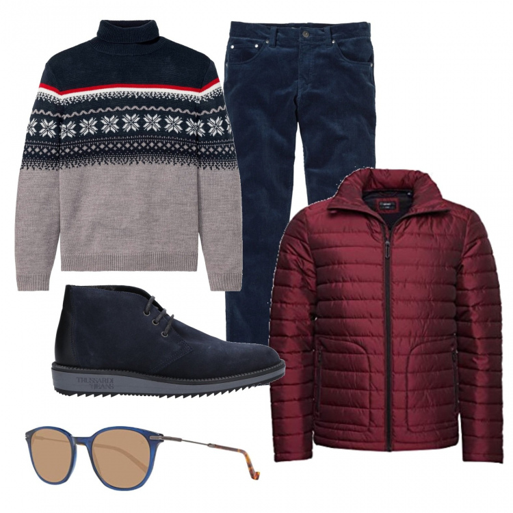 Outfit uomo - Caldo inverno. Stile Casual per Tutti i giorni. Abbinamento con maglieria, pantaloni, stivali e stivaletti, giacche, occhiali da sole.