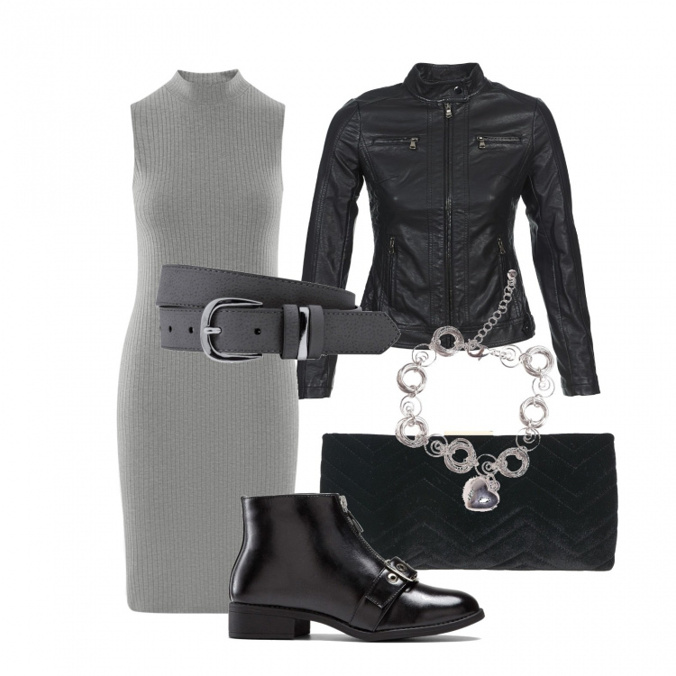 Outfit donna - Grigio e biker. Stile Rock per Tutti i giorni. Abbinamento con cinture, stivaletti, borse a mano, giacche, braccialetti, vestiti midi/longuette.