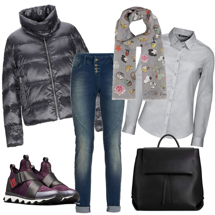 Outfit donna - Stile metropolitano. Stile Urban per Tutti i giorni. Abbinamento con jeans boyfriend, piumini, camicie, borse a tracolla, sciarpe, sneakers.
