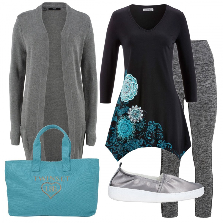 Outfit donna - Maglia con le punte e tocchi di turchese. Stile Basic per Tutti i giorni. Abbinamento con leggings sportivo, cardigans, maglieria, sneakers, borse a mano.