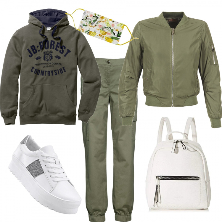 Outfit donna - Week end in libertà #Curvy. Stile Urban per Tutti i giorni. Abbinamento con pantaloni cargo, felpe con cappuccio, sneakers, giacche, zaini, sciarpe.