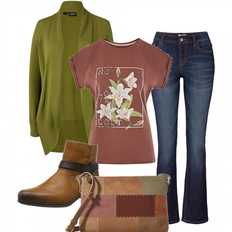 Outfit donna - Verde e marrone. Stile Basic per Tutti i giorni. Abbinamento con jeans bootcut, cardigans, t-shirt, borse a tracolla, stivaletti.