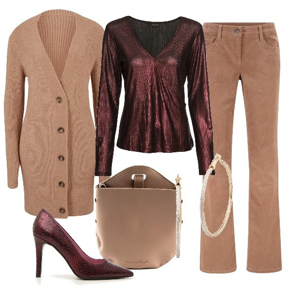 Outfit donna - Bordeaux e nocciola. Stile Chic per Ufficio. Abbinamento con pantaloni, cardigans, pullovers, orecchini, borse a tracolla, décolleté.