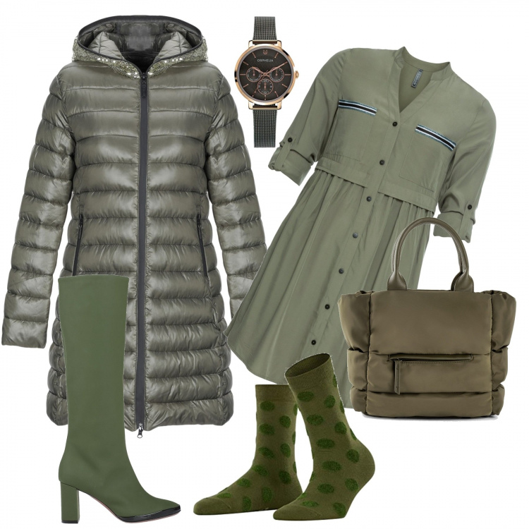 Outfit donna - Verde outfit. Stile Trendy per Tutti i giorni. Abbinamento con vestiti chemisier, borse a mano, piumini, stivali, calzini, orologi.