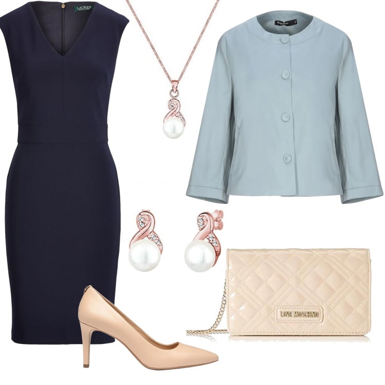 Outfit donna - Donna Bon Ton. Stile Bon Ton per Cerimonia. Abbinamento con décolleté, vestiti midi/longuette, blazer, borse a mano, orecchini, ciondoli.