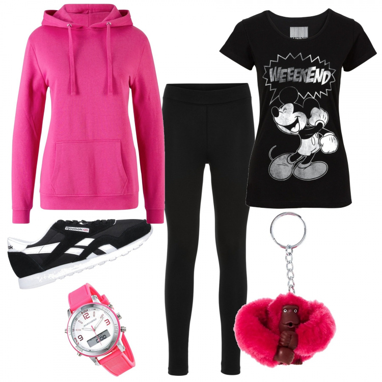 Outfit donna - Orologio e portachiavi glamour. Stile Basic per Tutti i giorni. Abbinamento con felpe con cappuccio, t-shirt, leggings, sneakers, portachiavi, orologi analogici.