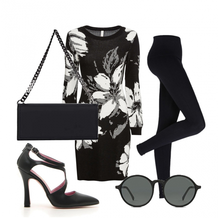 Outfit donna - Maxi fiori sul vestito. Stile Trendy per Tutti i giorni. Abbinamento con leggings, vestiti, décolleté, occhiali da sole, borse a mano.