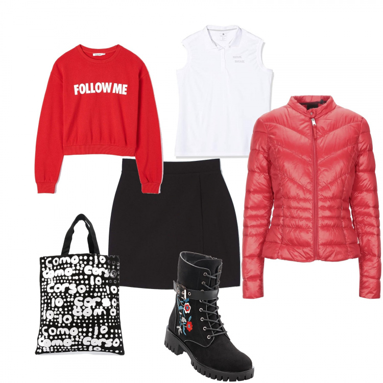 Outfit donna - Urban Per tutti i giorni anche a scuola. Stile Urban Abbinamento con stivali, piumini, minigonne, felpe, borse tote, t-shirt.