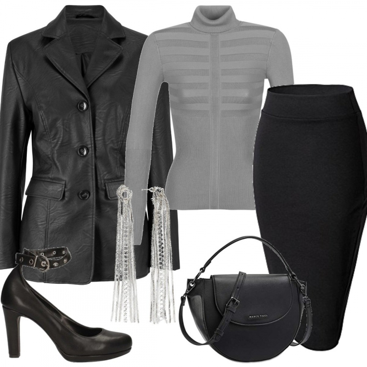 Outfit donna - Sabato nero. Stile Rock per Serata fuori. Abbinamento con blazer, orecchini, maglieria, décolleté, gonne longuette, borse a mano.