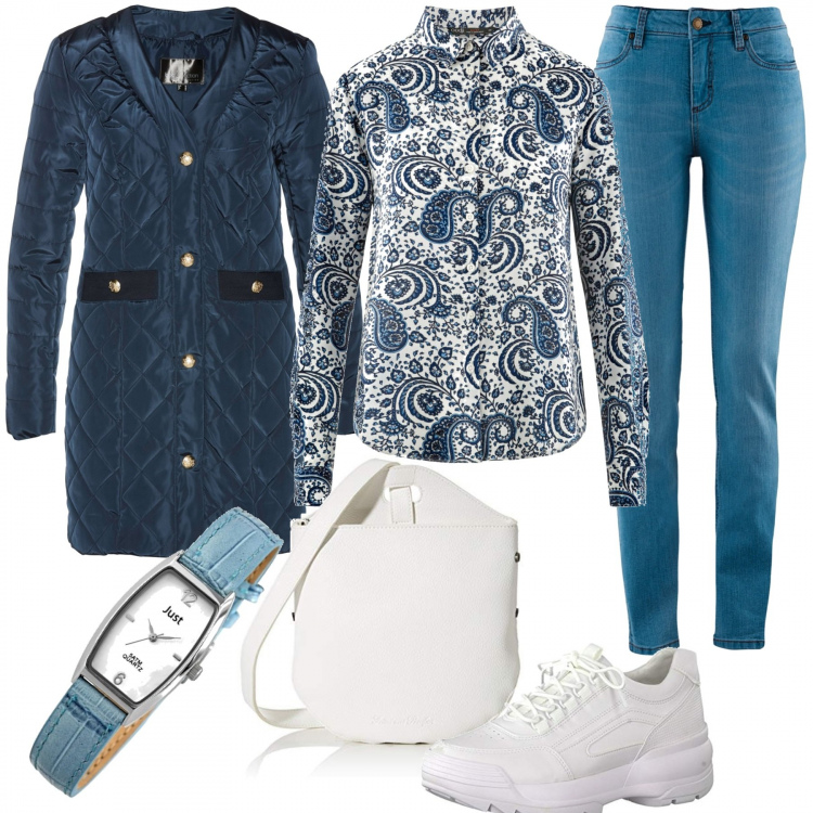 Outfit donna - Comoda in jeans. Stile Basic per Tutti i giorni. Abbinamento con jeans skinny, cappotti, camicie, sneakers, borse a tracolla, orologi.