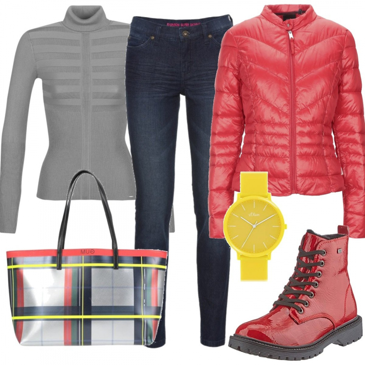 Outfit donna - Inverno a colori. Stile Basic per Tutti i giorni. Abbinamento con jeans skinny, piumini, borse a mano, maglieria, stivali, orologi.