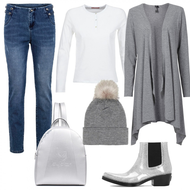 Outfit donna - Buongiorno in jeans. Stile Basic per Tutti i giorni. Abbinamento con cardigans, jeans skinny, berretti, t-shirt, zaini, stivaletti texani.